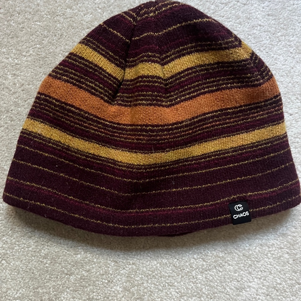 Chaos Striped fleece lined Beanie - Burgundy and yellow